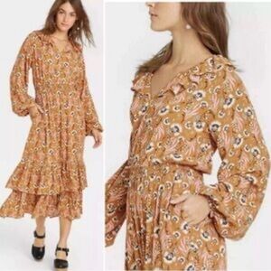 Universal Thread Floral Long Sleeve Dress - Mustard and Black